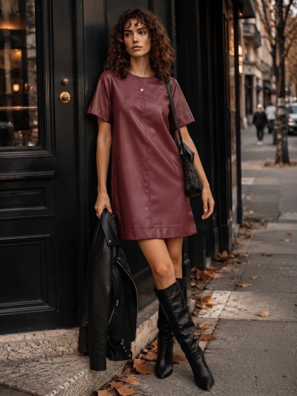 Short-Sleeve Faux Leather Mini Dress in Burgundy